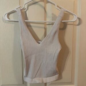 Women's Cream Ribbed V-Neck Top